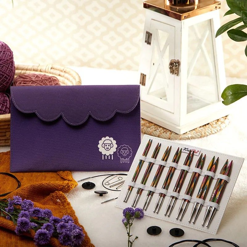 KnitPro Symfonie Wood Deluxe vaihtop&auml;&auml;puikkosetti violetissa kangaskotelossa